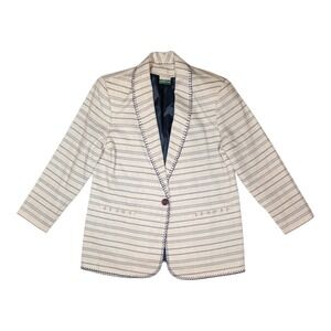 Vtg Coldwater Creek Striped Blazer Womens L Flax 90s Western Blue Neutral Office